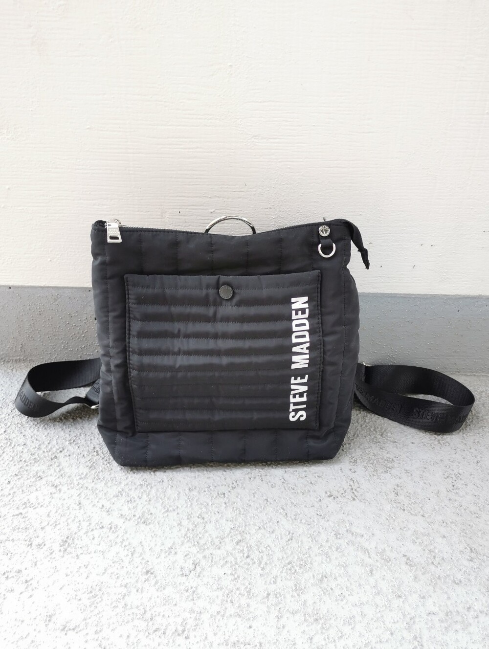 Steve Madden Black Quilted Nylon Backpack Logo Strap